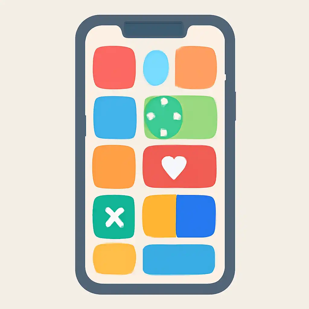 Smartphone shown from the front displaying a colourful flat layout of abstract game icons and rounded tiles (no text, no letters, no labels), Jai Club
