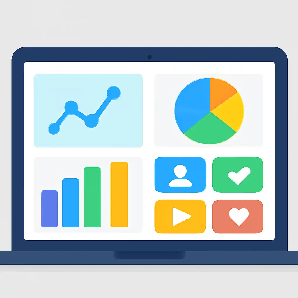Laptop shown from the front displaying a colourful flat dashboard of abstract charts, bars and icon tiles (no text, no letters, no labels), Jai Club